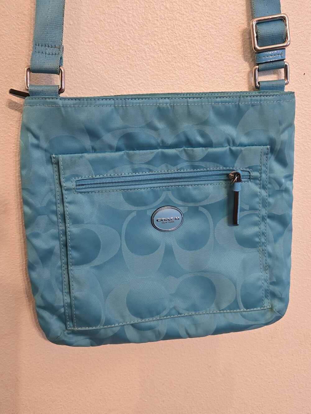 Coach Signature C Getaway File Crossbody Slim Bag Purse Teal Blue Nylon #F77408 - Picture 2 of 16